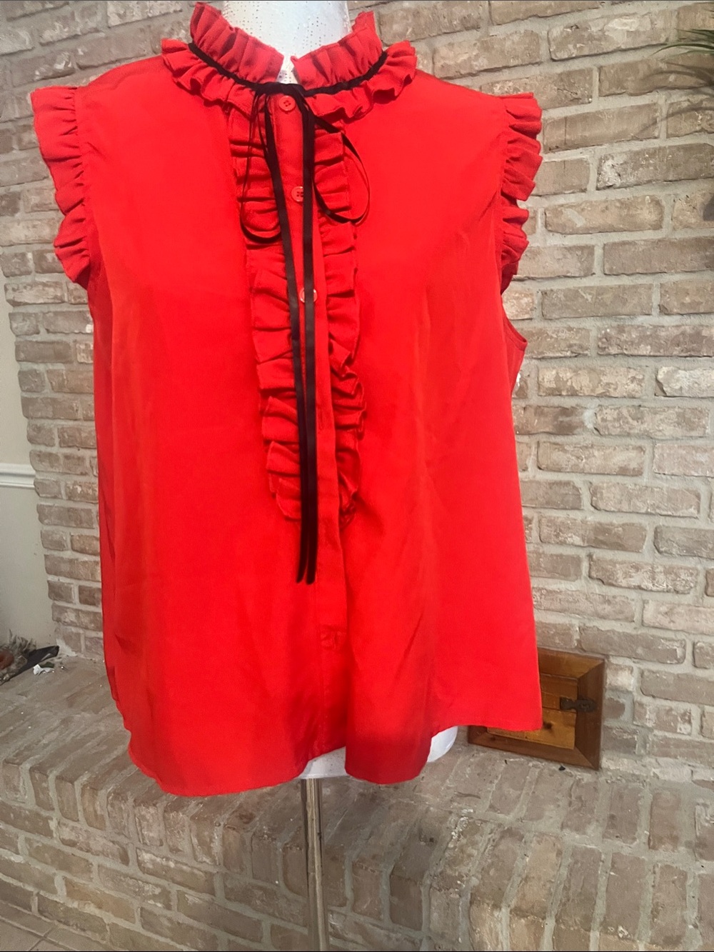Sleeveless Red Ruffle-Front Blouse with Tie Neck